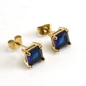 Blue Princess Cut Stud Earrings Gold Tone Square Cubic Zirconia Studs